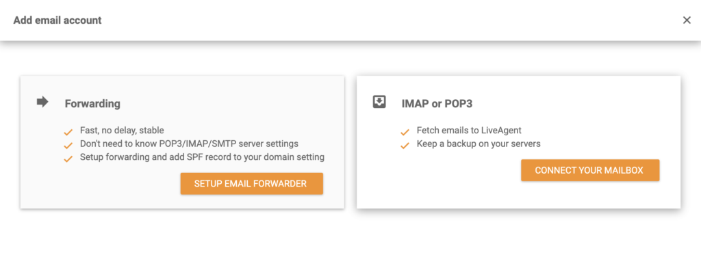 Option IMAP/POP3 de LiveAgent dans l'intégration d'Open-Xchange