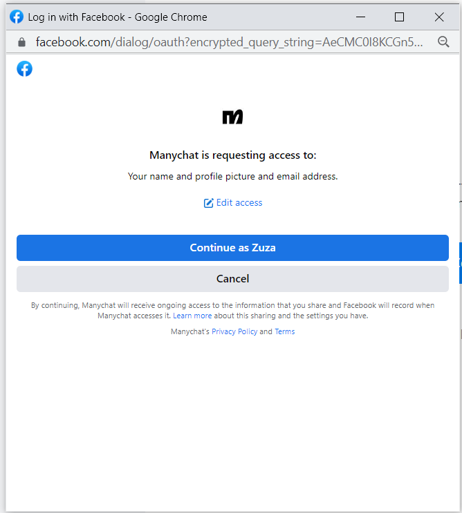 Demande d'accès à Facebook par Manychat