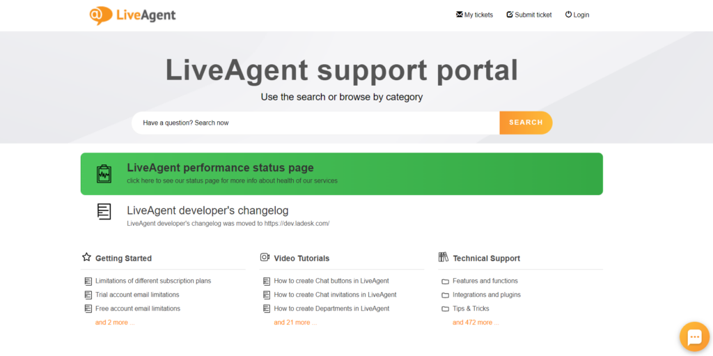 Image of LiveAgent’s support portal containing technical support articles, video tutorials, and step-by-step guides