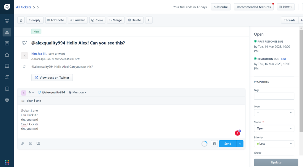 Freshdesk - répondre à un commentaire Twitter dans un ticket