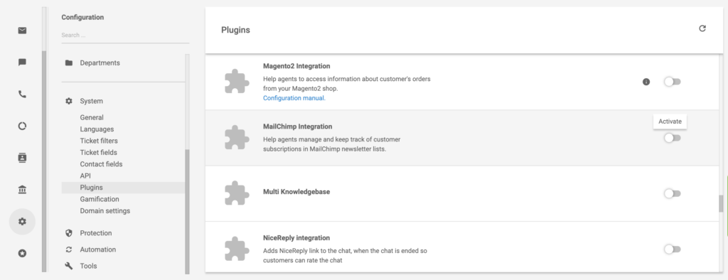 Le plugin Mailchimp dans la liste des plugins de LiveAgent