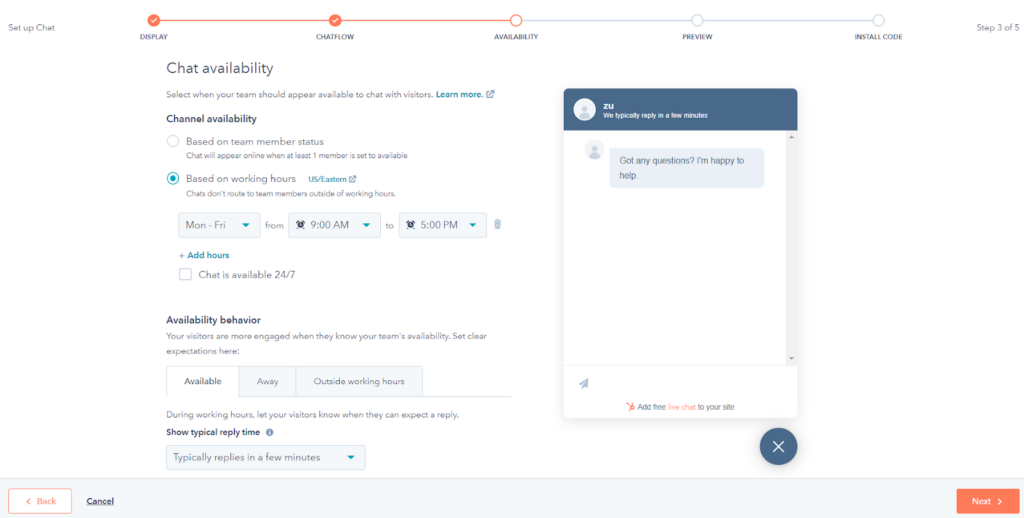 Hubspot - Paramètres du chatbot
